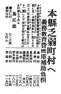 本縣乏弱町村へ義務教育費國庫補助負担